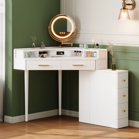 Toeletta angolare moderna con specchio LED girevole e regolabile, 5 cassetti contenitori e porte USB-C, 105,5 x 75 x 120 cm, bianca