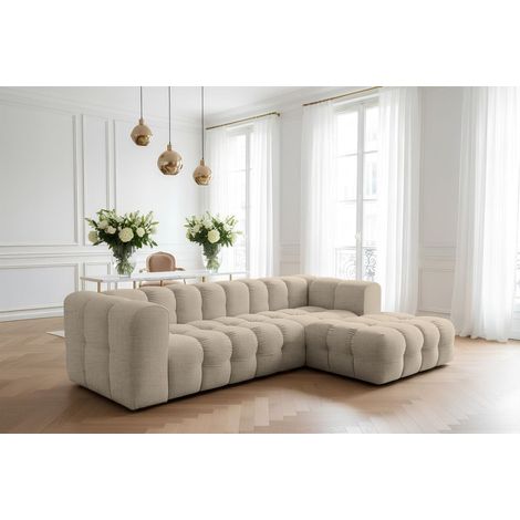 Ecksofa Designersofa SOLVIE in Stoff Moly Beige Ottomane Rechts