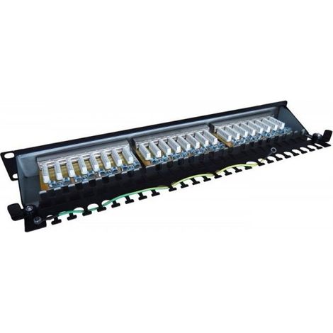 Panel de conexiones de 19", 24 puertos, CAT6, S/FTP, 1U, soporte para cables, negro