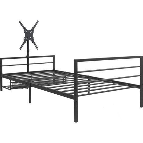 Schwarzes Gaming-Metallbett 206 cm mit LED, Bildschirmhalterung und Aufbewahrungskörben (1/5)