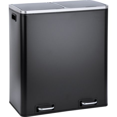 Svita – Poubelle à pédale 60 litres – 2 compartiments avec couvercles à fermeture douce – Acier thermolaqué noir – Pour tri sélectif des déchets