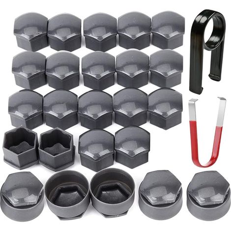 24pcs capuchons d'écrou de roue 17mm (5 capuchons de boulon antivol+19 capuchons de boulon normaux) cache-écrous de pneu hexagonaux avec ensemble d'outils de démontage pour voitures (gris) (1/5)