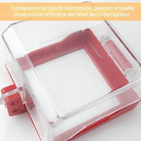 Protecteur bouton arrêt urgence transparent rouge verrouillable avec vis et autocollant, cache sécurité pour interrupteur (1/5)