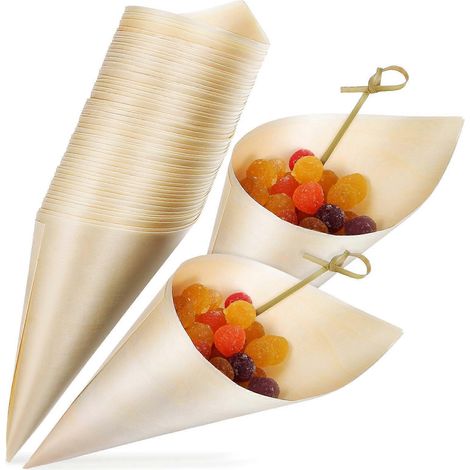 100 cornets alimentaires en bois jetables pour dégustation de glaces, parfaits pour les fêtes à la maison et les buffets. (1/2)