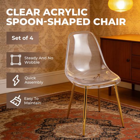 Lot de 4 chaises design glamour en acrylique PET transparent, piètement doré, style moderne chic pour salle à manger
