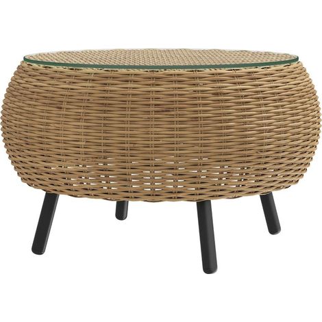 Table d'appoint/table basse ronde en polyrotin avec plateau en verre, Ø75 x 42 cm, marron