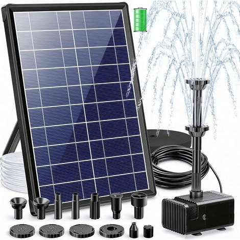 Fontaine Solaire Pour Bassin de Jardin, 7.5W Pompe à Eau Solaire Extérieure Avec 3600 mAh Batterie, 139GPH, 1,5M Tube de 10 Buses DIY Bain D'oiseaux, Petits étangs, Piscine de Jardin et Bassin (1/5)
