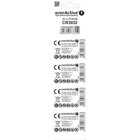everActive CR3032, 3 V, Pilas de botón de Litio, batería más Potente, 10 años de duración, 4 Unidades, 1 blíster (1/2)