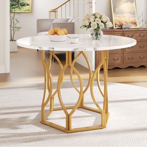 Table redonda de comedor MDF blanca y metal dorado 100x100x76 cm para 4 personas (1/5)