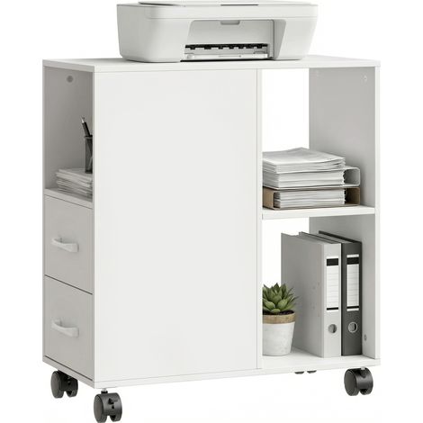 Tavolino con Ruote Minimal con 2 Cassetti, Vano Aperto e Ripiano Regolabile, in Legno, 60x30x65 cm, Bianco