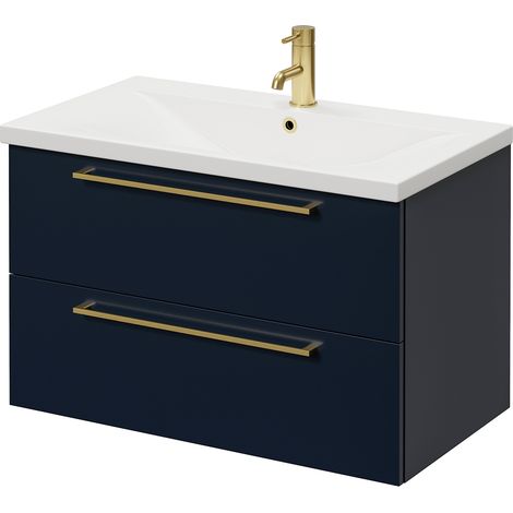 Napoli 460 Deep Blue 800mm Wall Mounted 2 Drawer Vanity Unit with Glide Basin - 800mm - Brushed Brass 480mm Handle