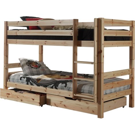 Lit superposé 90x200 avec 2 tiroirs pin massif clair Pino H 140cm (1/4)