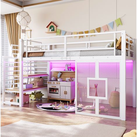 Cama alta 90x200 cm de metal con escalera, almacenaje, LED y ventanas, blanca OKMYHOME (1/5)
