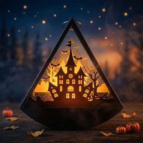 Lampe déco Halloween style lanterne portable 12x6,1x13cm, motifs manoir hanté et tombes, éclairage ambiance festive, décoration intérieure soirée,piles non fournies (1/4)