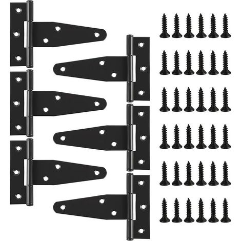 6 PCS Charnières en T, T-Scharniere, Charnières de Porte Noires en T, 100 X 65mm, Charniere Porte Lourde, Charnière Porte Placard et Porte lourde, Penture résistante pour Porte de Grange, Hangar (1/5)