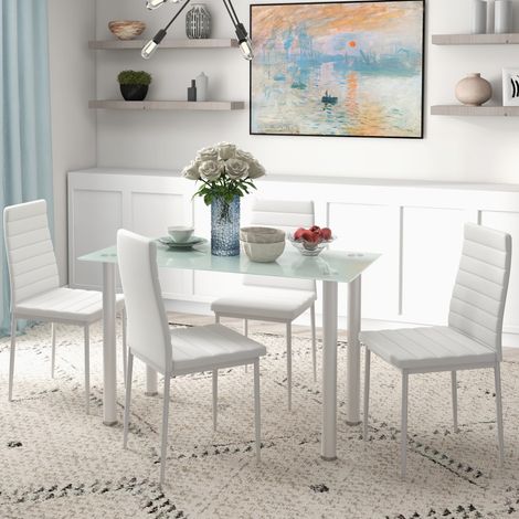 Ensemble de table à manger avec 4 chaises plateau en verre trempé. pieds en acier. pour cuisine salon blanc