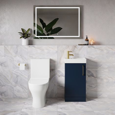 Napoli Cube Deep Blue 400mm Single Door Vanity Unit and Jubilee Toilet Suite with Align Basin - 400mm - Brushed Brass 160mm Handle