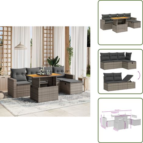 Salon de jardin 6 pcs avec coussins gris résine tressée - Ensemble Salon De Jardin - Mobilier Extérieur - Résine Tressée - Rotin Synthétique - Table Extensible (1/5)
