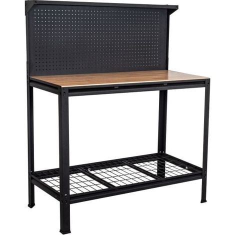 Établi modulable en bois d'hévéa 115x54cm – Charge max 300Kg – Châssis métallique noir mat – Panneau perforé pour rangement – Feroce