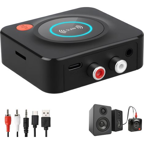 Récepteur Bluetooth 5.1 HiFi AUX R CA, Adaptateur Audio sans Fil Streaming musique sans câble, batterie 12H, mode Bass, longue portée 30m, compatible enceintes, amplificateurs et chaîne HiFi (1/5)