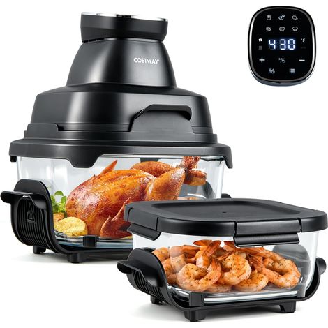 COSTWAY 4 L Friggitrice ad Aria Portatile 1500 W, Friggitrice Elettrica con 2 Griglie, 2 Contenitori Vetro con Coperchio, Forno ad Aria Calda con Display Touch, Temperatura Regolabile (Nero) (1/5)