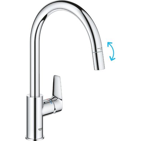 GROHE QuickFix Start Edge, Miscelatore per lavello da cucina a 1 leva con funzione estraibile (bocca a C alta, area girevole a 360°, cartuccia in ceramica da 28 mm) 357 mm, Cromo, 30551000