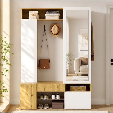 Garde-robe d'entrée avec miroir en pied, meuble à chaussures, penderie avec tringle et crochets, rangements ouverts et fermés en MDF, blanc et bois clair – CHICFURN (1/5)