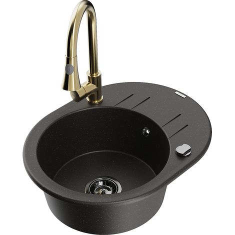 Mexen Kevin 1 Becken-Granitspüle mit Abtropffläche und Mischbatterie Elia, Schwarz/Gold metallisch - (1/5)