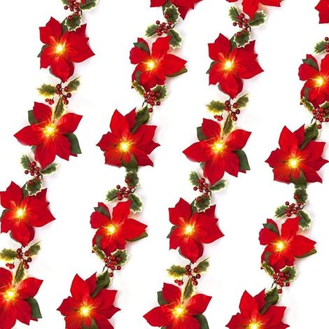 Guirlande Lumineuse 2M 20LED Poinsettia Garland,avec Feuilles de Houx aux Baies Rouges,guirlandes Lumineuses,décorations d'arbres de Noël lumières de Fleurs (1/5)