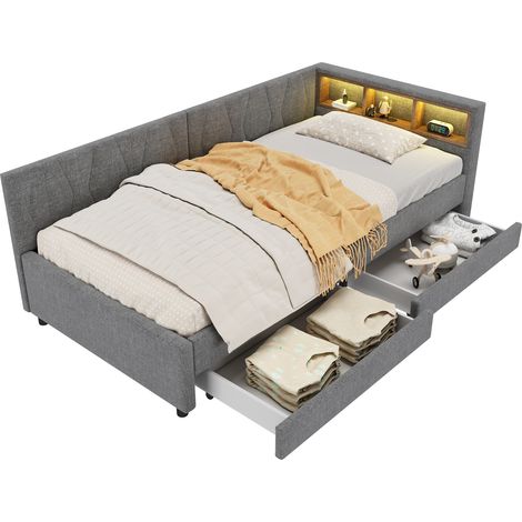 Lit banquette en lin gris 90x200 cm avec tiroirs, éclairage LED, ports USB/Type-C et sommier à lattes (1/5)