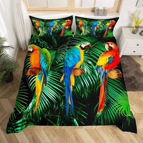 240x260 lit housse de couette et 2 taies d'oreiller pour chambre à coucher,motif feuilles de palmier, plantes tropicales, oiseaux (1/5)
