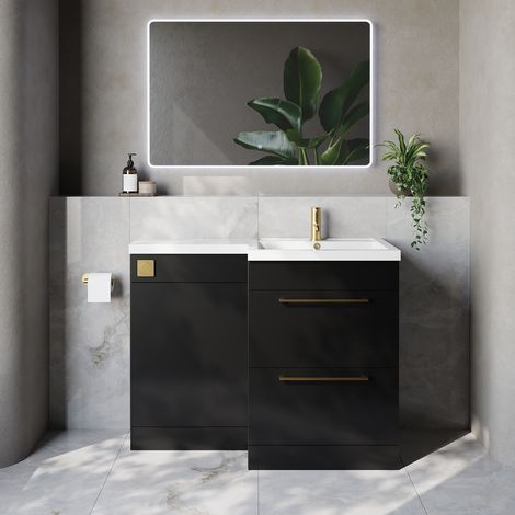 Napoli 460 Matt Black 1100mm 2 Drawer Vanity Unit Toilet Suite with Right Hand Square Lucia Basin - 1100mm - Brushed Brass 320mm HandleWithout Kingston Toilet Pan