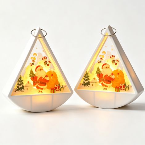Juego de 2 farolillos colgantes LED triangulares para Navidad, para colocar sobre una superficie o colgar. (1/4)