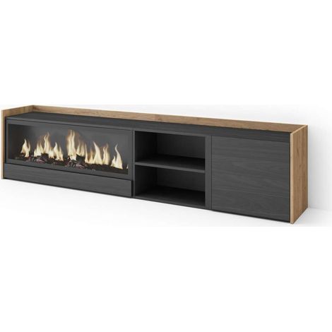 Mueble TV Montejaque-01 de 212x50x35 cm con chimenea eléctrica XXL, color negro y roble (1/4)