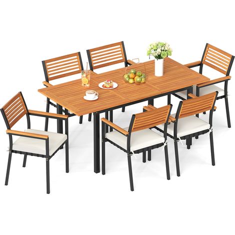 Ensemble à Manger de Jardin 7 PCS, Salon de Jardin en Acacia & Métal avec Table Extensible, Chaises Empilables, Coussins Amovibles Lavables (1/5)
