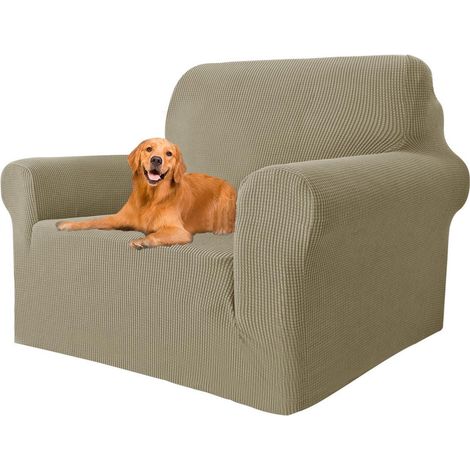 Sofaüberwurf 1 Sitzer Khaki, Hochlehner Husse Stretch, rutschfest, haustierfreundlich (1/5)