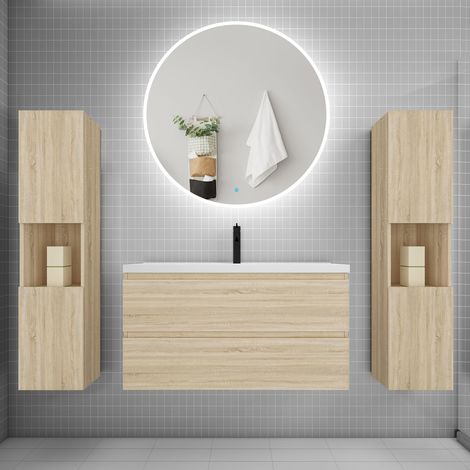Ensemble meuble vasque L.99cm 2 tiroirs + lavabo + LED miroir rond 100cm + 2colonne,chêne A