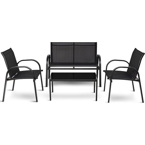 Set mobili giardino 4 pezzi chiacchierare sedie cortile ferro tessuto rete tavolino vetro nero (1/4)