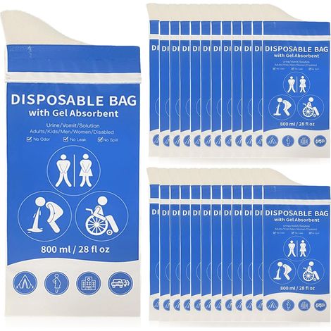 Poches à urine jetables, lot de 24 poches à urine portables, 800 ml, pour les déplacements, poches à urine en gel, toilettes de voyage, toilettes d'urgence, sacs à vomi, urinoirs de voyage pour hommes (1/5)