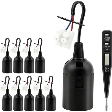 10 Pièces Douille E27, Douille Ampoule, Rénovation Douille Chantier, Support d'Ampoule avec Câble, Bâtiment Base Lumière Suspension avec Testeur Phase, Rechange Bâtiment pour Travaux, Noir (1/5)