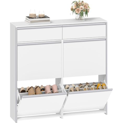 Meuble à Chaussures Étroit avec 4 Battants, Étagère à Chaussures avec Tiroir, Meuble à Chaussure, Séparateur Réglables, 16 à 24 Paires, pour Couloir, Entrée,Blanc-Argent (1/5)