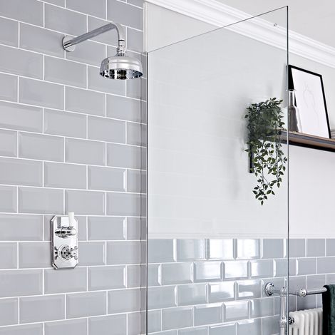 Hudson Reed Elizabeth - Mitigeur thermostatique à une fonction&44 Pommeau pluie rond de 15 cm et bras mural - Chromé et Blanc (1/5)