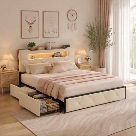 Lit adulte en velours beige 160x200 cm avec quatre tiroirs de rangement et éclairage LED intégré (1/5)