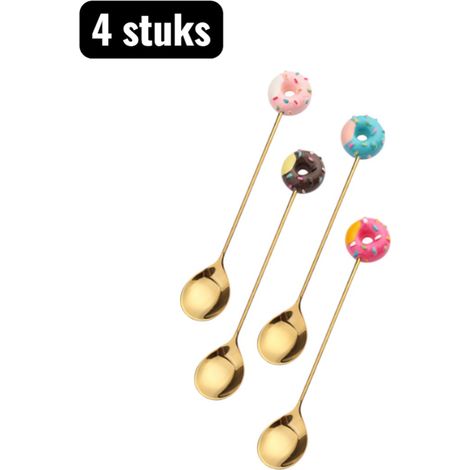 Ensemble de 4 couverts créatifs comprenant cuillère à long drink cuillère à mélanger en forme de donut cuillère à café en forme de sucette et fourchette à fruits pour pâtisserie couleur dorée (1/4)