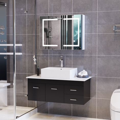 Armoire de salle de bain avec LED miroir HD, 80x13,5x60 cm, 2 Portes, Éclairage LED 3 Couleurs, 3 étagères ouverts, Murale, Blanc (1/5)