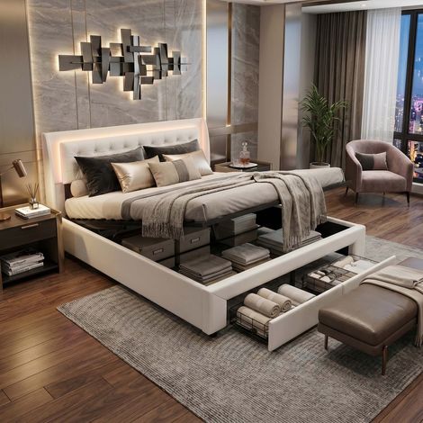 Creahappy Lit Coffre 140x190 cm avec Tiroir - Gain de Place - Tissu Velours Beige LED RGB Style Contemporain - Beige (1/5)