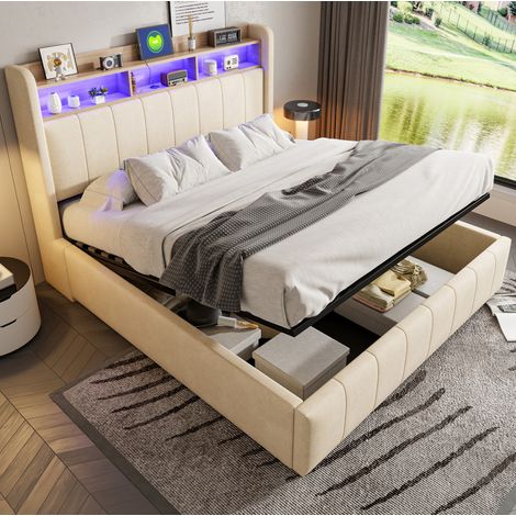 Letto contenitore imbottito in tessuto beige, 160x200 cm, con LED, USB/Type-C e base a doghe. (1/5)