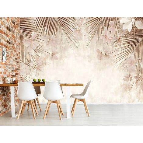 Fototapete Blätter Palmen Beton Beige Boho, für Wohnzimmer und Schlafzimmer, 200 x 140 cm – Komplettset inkl. Kleister & Anleitung (1/5)