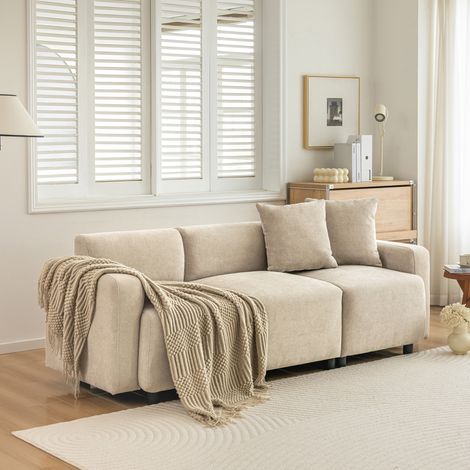 Sofá 3 plazas 211x67x71 cm beige en chenilla con cojines y respaldo alto (1/5)