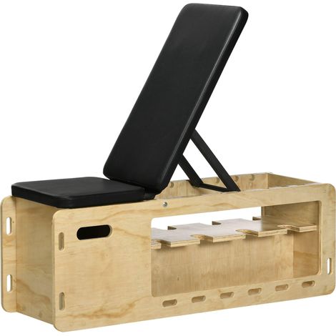Banc multifonctionnel avec dossier réglable, compartiment de rangement, support pour haltères et élastiques, en bois (1/5)